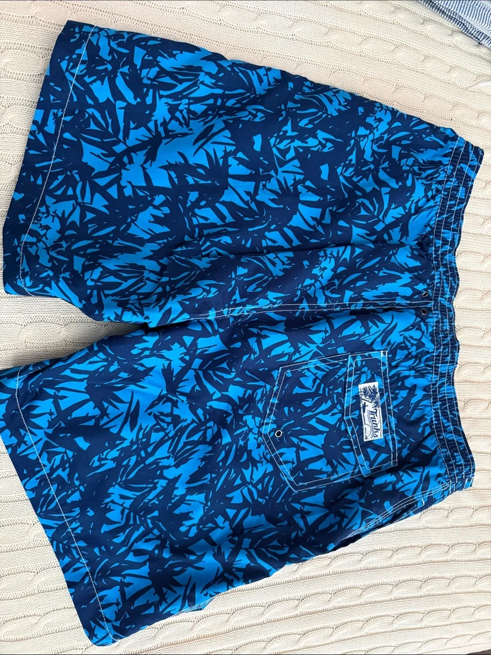 Men's Blue Palm-Print Swim Trunks with White Drawstring